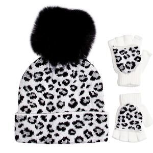 New! Love2Design Girls (4-6) Cheetah Knit Faux Fur Pom Hat and Gloves Set